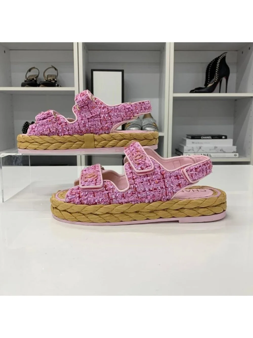Chanel Tweed Patent CC Logo Velcro Sandals Pink